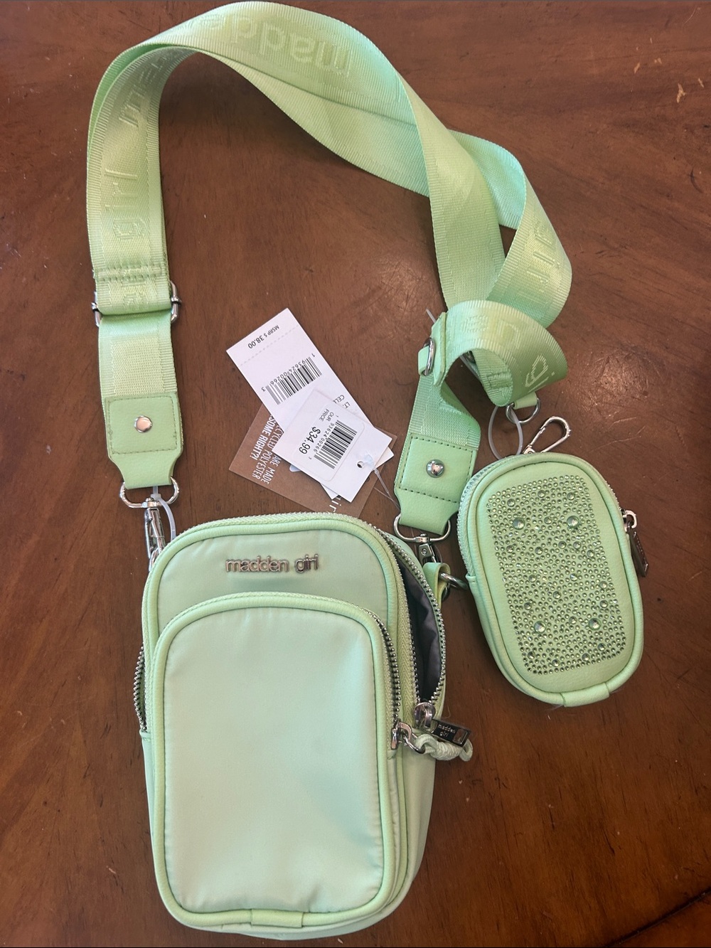 Madden Girl Mint Green Crossbody Phone Bag with Rhinestone Pouch